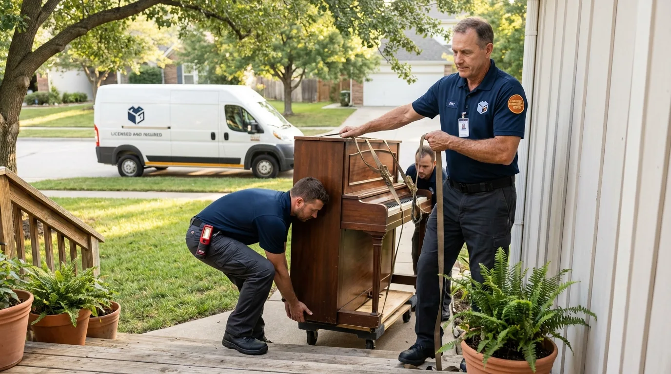 Licensed piano movers securing grand piano in Knightsen, CA
