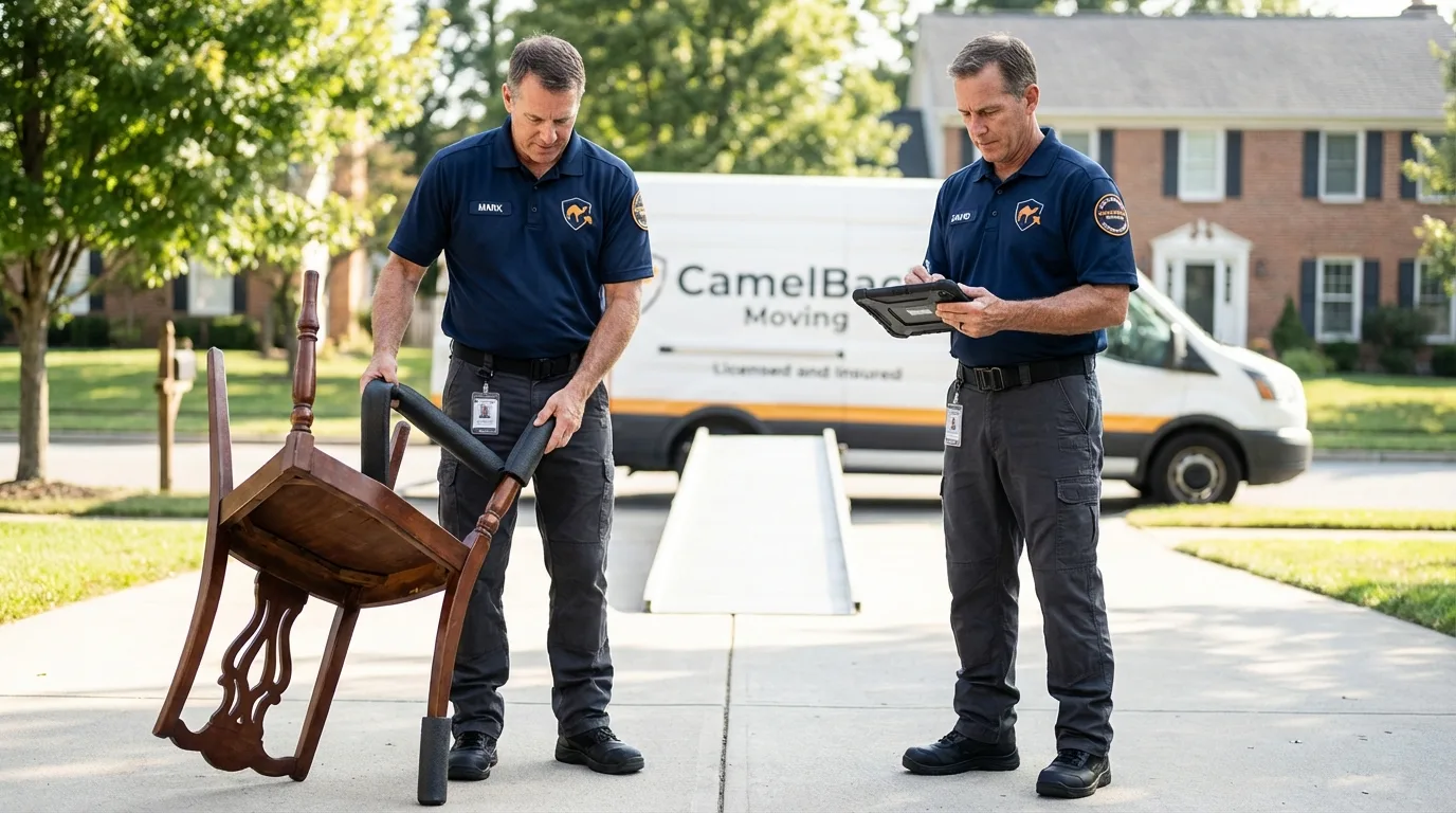 Movers inspecting furniture for damage prevention before loading in Knightsen, CA