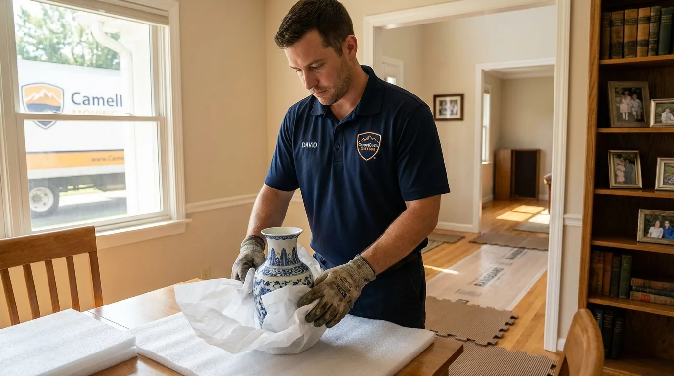 Professional crew carefully wrapping antique vase for senior downsizing move in Knightsen, CA